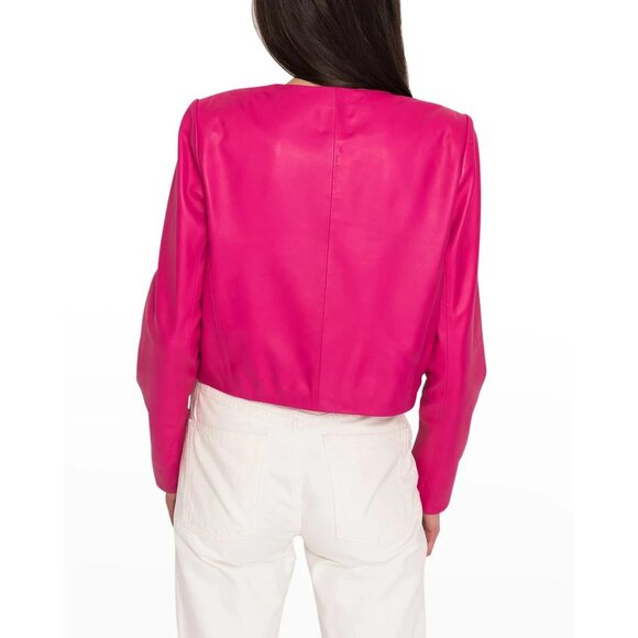LaMarque Rumi Cropped Leather Jacket Hot Pink Lamb Barbie Feminine Maximalist M - Picture 2 of 13
